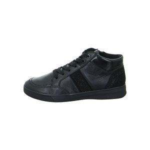 Black leather mid-top sneaker with laces, textured side panels, and rubber sole, shown from the outer side on a white background.