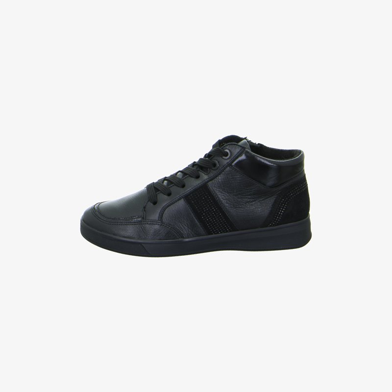 Black leather mid-top sneaker with laces, textured side panels, and rubber sole, shown from the outer side on a white background.