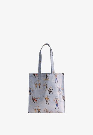 Bolsa de tela azul con un patrón repetido de figuras bailando. Tiene dos asas resistentes y una etiqueta en relieve.