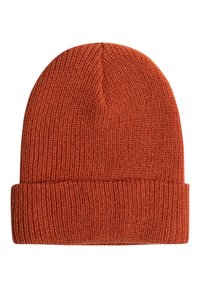 Pletená čiapka v hrdzavej oranžovej farbe, so štruktúrovaným, rebrovaným dizajnom a prehnutým lemom na spodnej strane. Vhodná na nosenie v chladnom počasí.