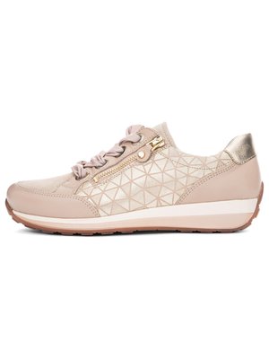 Light beige low-top sneaker with geometric pattern, gold side zipper, satin ribbon laces, and rubber sole.