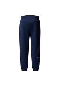 Navy blue athletic pants with elastic waistband, tapered legs, and elastic cuffs. Features small white logo on the lower left leg.