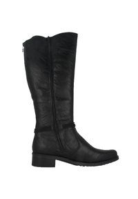 Bottes en cuir noires montantes jusqu'au genou avec une finition texturée, dotées d'une fermeture éclair latérale, d'un talon carré et de détails élastiques discrets autour de la cheville.