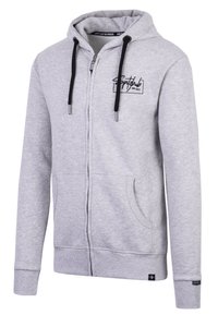 Grauer Reißverschluss-Hoodie mit einer Kapuze mit Kordelzug, Fronttaschen und einem auf der linken Brust aufgedruckten Logo. Mit gerippten Bündchen und Saum.