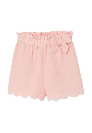 Light pink cotton shorts with scalloped hem, elastic waistband, and decorative side bow.