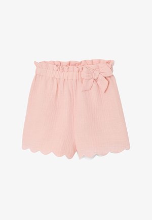 Light pink cotton shorts with scalloped hem, elastic waistband, and decorative side bow.