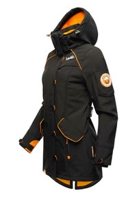Black jacket with orange accents, hood, button closures, and multiple pockets. Features a logo patch on the sleeve and a textured finish.