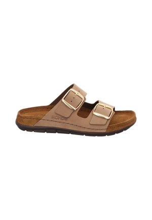 Brown slip-on sandal with double adjustable buckles, suede upper, cork footbed, and a textured rubber sole for grip and comfort.