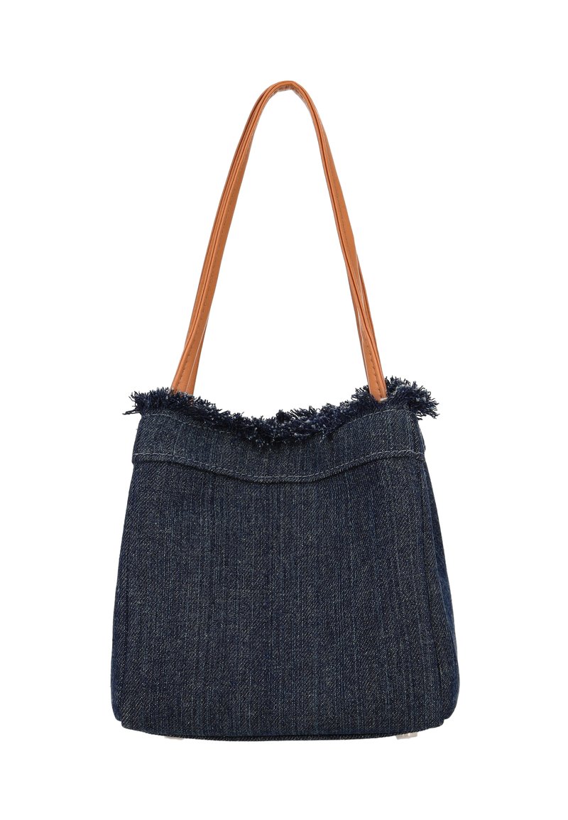 Denim boodschappentas met een franjerand bovenaan en bruine leren schouderbanden. Heeft een gestructureerd lichaam en een donkerblauwe kleur.