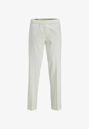 Light beige trousers with a smooth texture, elastic waistband, straight cut, and two front seams for added detail.