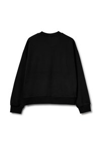 Felpa nera con vestibilità comoda, collo a giro e spalle scese. Presenta polsini e orlo a coste, texture liscia e design minimalista.