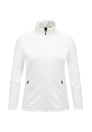 White zip-up jacket with a high collar, made of soft fabric. Features two zippered side pockets and a small logo in light color.
