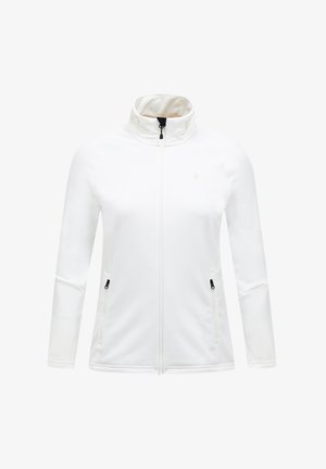 White zip-up jacket with a high collar, made of soft fabric. Features two zippered side pockets and a small logo in light color.