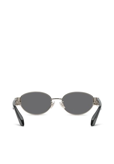 Lunettes de soleil ovales avec monture métallique argentée, verres gris foncé et embouts de branches noirs, présentées de face sur fond blanc.