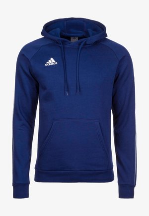 Felpa Adidas blu navy con cappuccio regolabile, tasca frontale a marsupio, polsini e fondo a costine, e logo bianco sul petto. Tessuto dalla texture liscia.