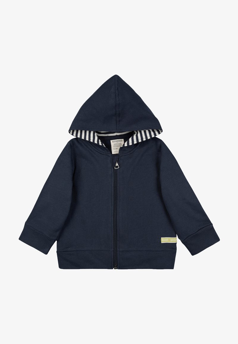 Felpa con zip di colore blu navy, dotata di cappuccio foderato e strisce bianche verticali. Tessuto morbido, tasche a marsupio e polsini a costine.