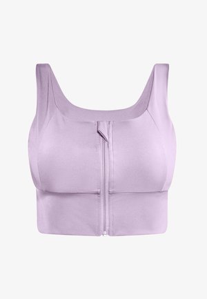 Sustine sportivă lila cu fermoar în față, bretele late și un material neted, elastic. Caracteristici includ un design semiformat și cusături întărite.