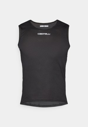 Svart ermeløs mesh sykkeltrøye med glatt tekstur, rund hals og hvit "Castelli" logo på framsiden. Lett og pustende design.