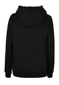 Black hoodie with a large hood, long sleeves, and ribbed cuffs. Smooth texture, plain design, no visible logos or patterns.