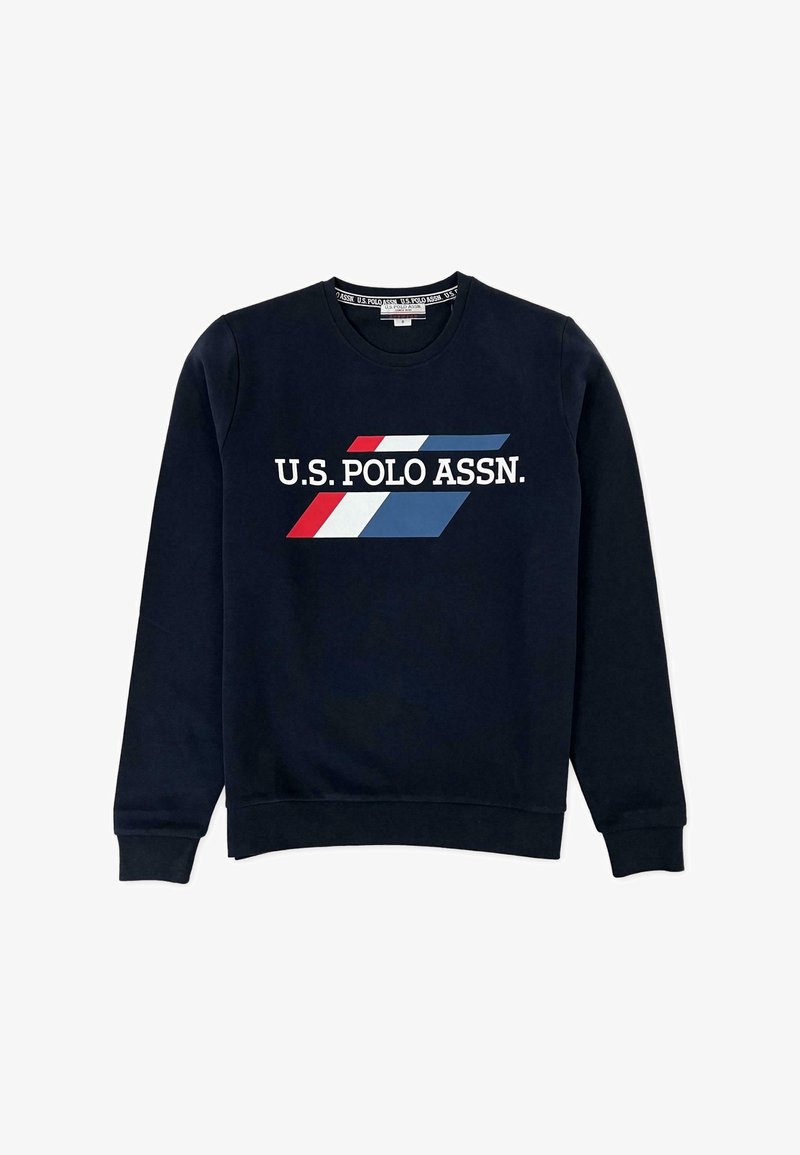 Sweat-shirt bleu marine col rond avec logo U.S. Polo Assn. en blanc, rouge et bleu sur la poitrine. Manches longues avec poignets et ourlet côtelés.