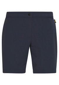 Námořnické modré volné šortky s knoflíkem a zipem, s malou černou a žlutou látkovou známkou po straně.