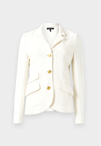 Witte blazer van een gestructureerde stof, strakke pasvorm, met gouden knopen, twee voorkruimte zakken en een enkele borstzak. Klassieke kraag en lange mouwen.