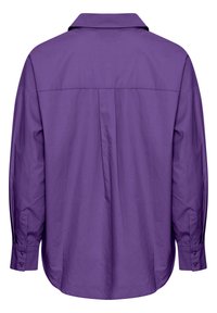 Lila Langarmshirt mit Kragen, ausgestattet mit einem geknöpften Manschette, einer geraden Rückennaht und einer glatten, leichten Stoffstruktur.