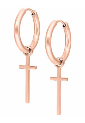 Rose gold metal hoop earrings featuring a smooth finish, with a dangling cross accent from the lower part of each hoop.