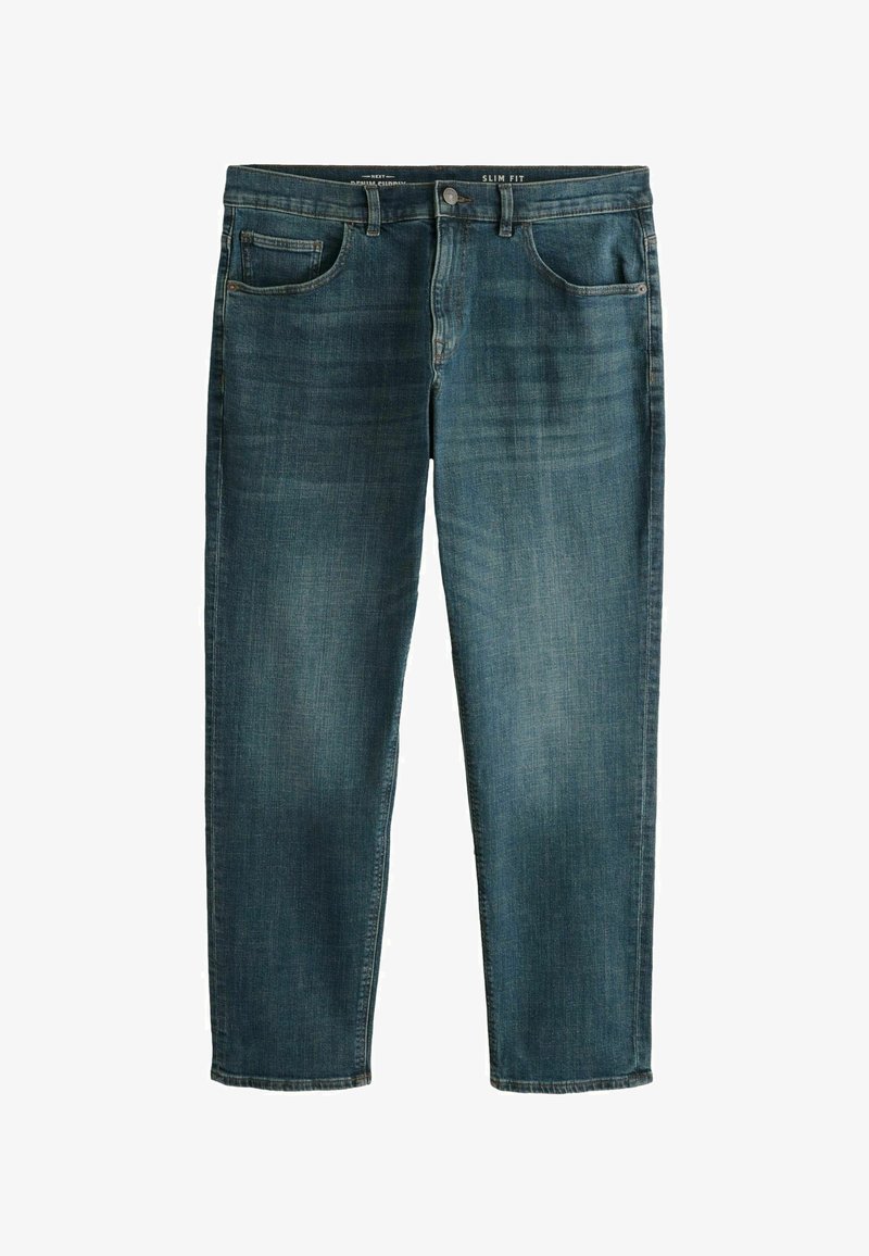 Slim fit blauwe denim jeans voor heren met knoopsluiting aan de voorkant, ritssluiting en klassiek ontwerp met vijf zakken.