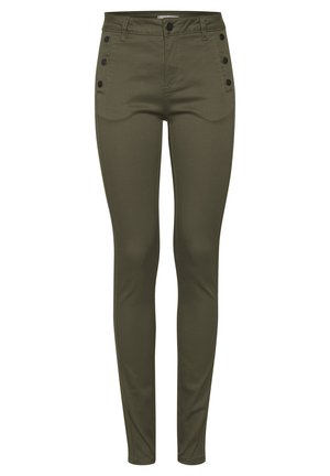 Jean skinny verts en tissu extensible avec une texture lisse, présentant une taille haute, des poches avant et deux accents de boutons noirs.