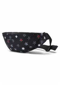 Marsupio nero con motivi a stelle in bianco, rosso e argento; realizzato in tessuto con chiusura a zip e cinturino regolabile.