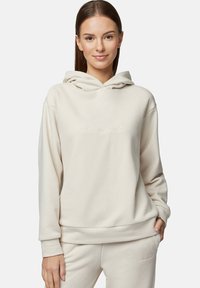 Beżowa bluza z kapturem, wykonana z miękkiego materiału. Posiada haftowany napis "Lancerato" z przodu oraz ściągacze przy mankietach i u dołu. Gładki, minimalistyczny design.