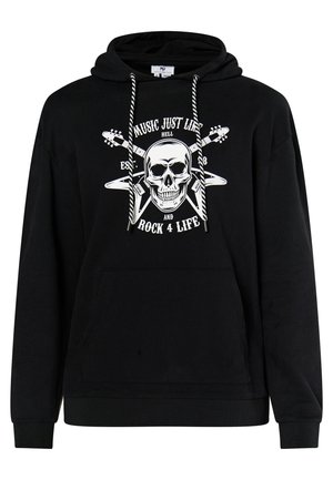 Juodas medvilninis džemperis su gobtuvu, su kaukolės grafiką ir gitaros akcentais. Įeina priekinė kišenė ir virvelė gobtuvui.