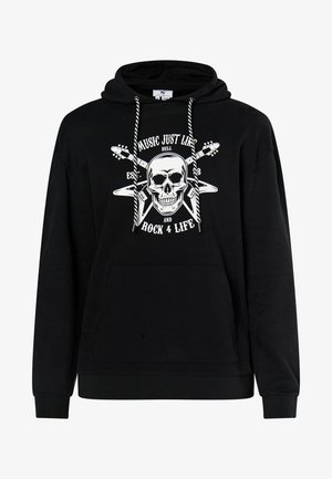 Crna dukserica od pamuka, s grafikom lubanje i akcentima gitare. Ima prednju džepu i kapuljaču s vezicom.