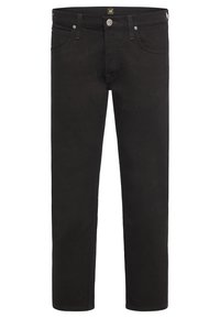 Jean noir coupe slim avec poches avant, passants pour ceinture et fermeture à bouton, présenté sur un fond blanc.