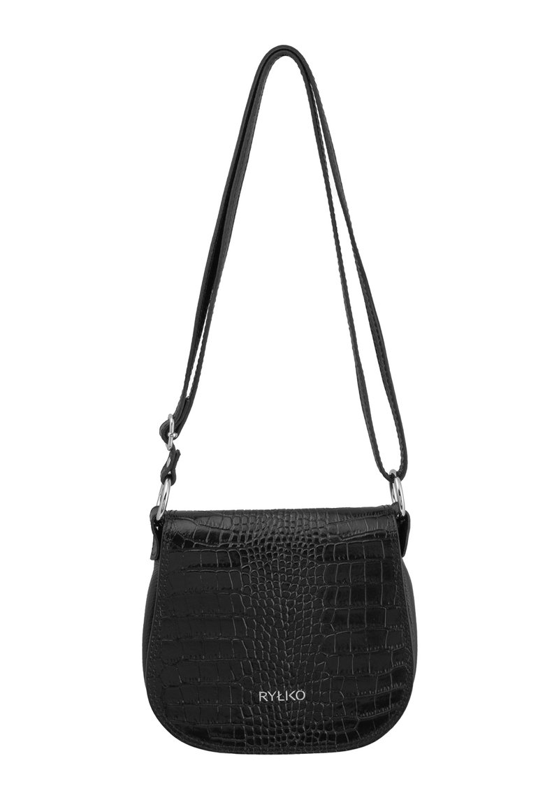 Black leather crossbody bag with a textured crocodile pattern. Features a curved shape, adjustable strap, and silver hardware accents.