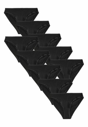 Juodos medvilnės bikini kelnaitės, išdėstytos pakrypstant, pasižyminčios glotnia tekstūra ir plonu elastingu juosmeniu su mažo kaspinėlio detale.