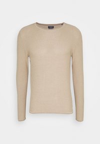 Pull beige à manches longues avec un motif en tricot texturé. Présente un col rond et des manches ajustées, fabriqué en matériau doux et respirant.