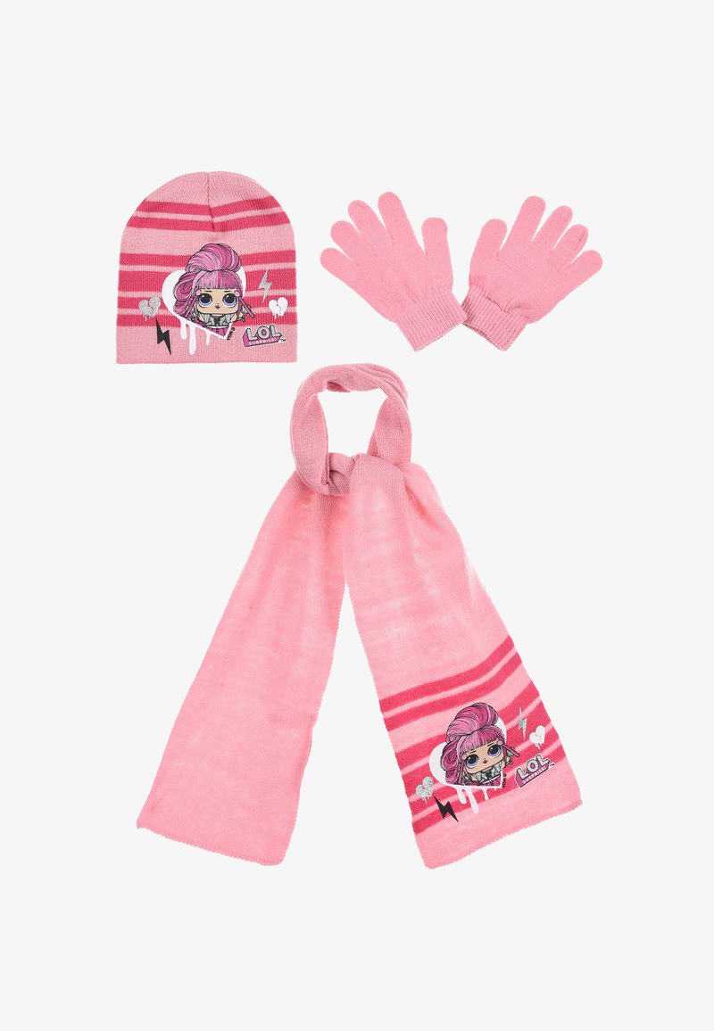 Pink knitted hat with white stripes and graphic design, matching pink scarf with stripes and logo, and pink gloves with ribbed cuffs.