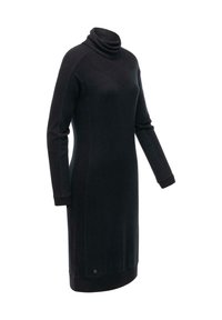 Zwarte trui jurk met een hoge, omgeklapte kraag. Lange mouwen en ribbelstructuur. Slim fit, valt boven de knie, met een subtiel logo detail aan de zoom.