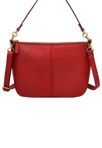 Bolso bandolera de cuero rojo con acabado texturizado, herrajes dorados, cierre de cremallera y correa de hombro ajustable.