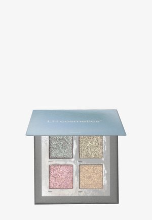 Eyeshadow palette with four square shades: light blue, silver, pink, and gold. Textured, glittery finish in a gray and light blue case with label details.