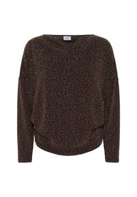 Maglione marrone glitterato con una vestibilità rilassata, maniche lunghe e un ampio scollo. Texture morbida con un motivo puntinato di accenti metallici.