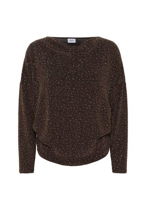 Brūns spīdīgs džemperis ar brīvu piegriezumu, garām piedurknēm un plašu apkakli. Mīksta tekstūra ar pikšķerēšanas rakstu un metāliskiem akcentiem.