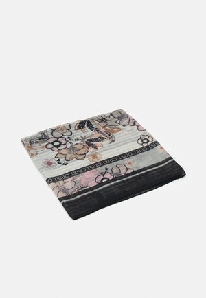 Écharpe pliée avec des motifs floraux en noir, rose, beige et gris, avec un texte répété "LIU·JO" sur un fond rayé.