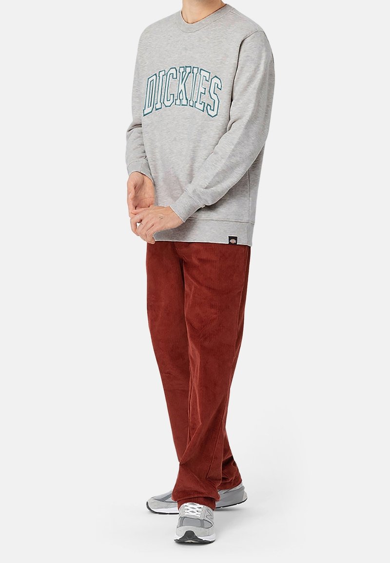 Personne portant un sweat-shirt gris avec le texte "DICKIES", un pantalon en velours côtelé couleur rouille, et des baskets grises, debout devant un fond blanc.