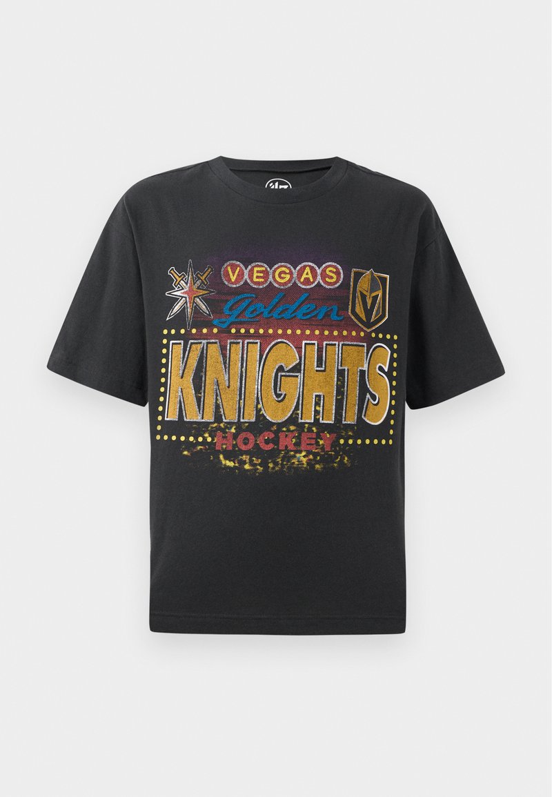 Schwarzes Baumwoll-T-Shirt mit dem Aufdruck "Vegas Golden Knights Hockey" in goldenen, blauen und roten Farben, mit Stern- und Schildsymbolen sowie gepunkteten Akzenten.