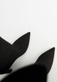 Bottes à talons aiguilles noires à pointe portée sur un fond blanc, montrant les vues de face et de dessus des deux pieds.