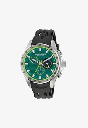 Silberne Edelstahlarmbanduhr mit grünem strukturiertem Zifferblatt, schwarzem Gummirem, markantem Tachymeter und Chronographenfunktionen.