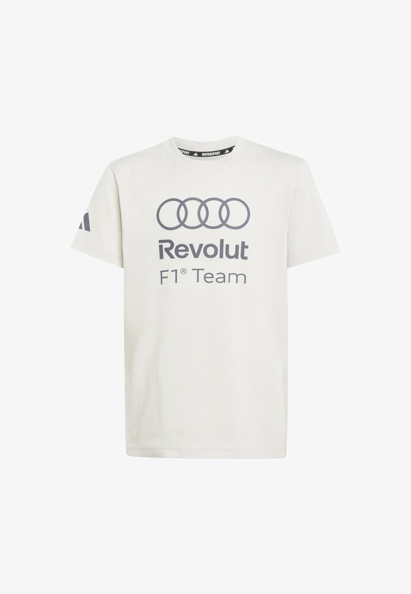 T-shirt blanc à manches courtes avec le logo des anneaux Audi et "Revolut F1 Team" imprimé en gris sur le devant, logo Adidas sur la manche gauche.